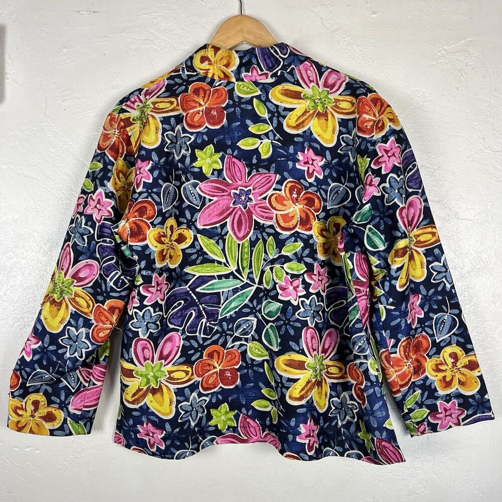Chico’s Design 100% Silk Slub Floral Beaded Jacket Blue Multicolor Size 1 - Picture 4 of 11